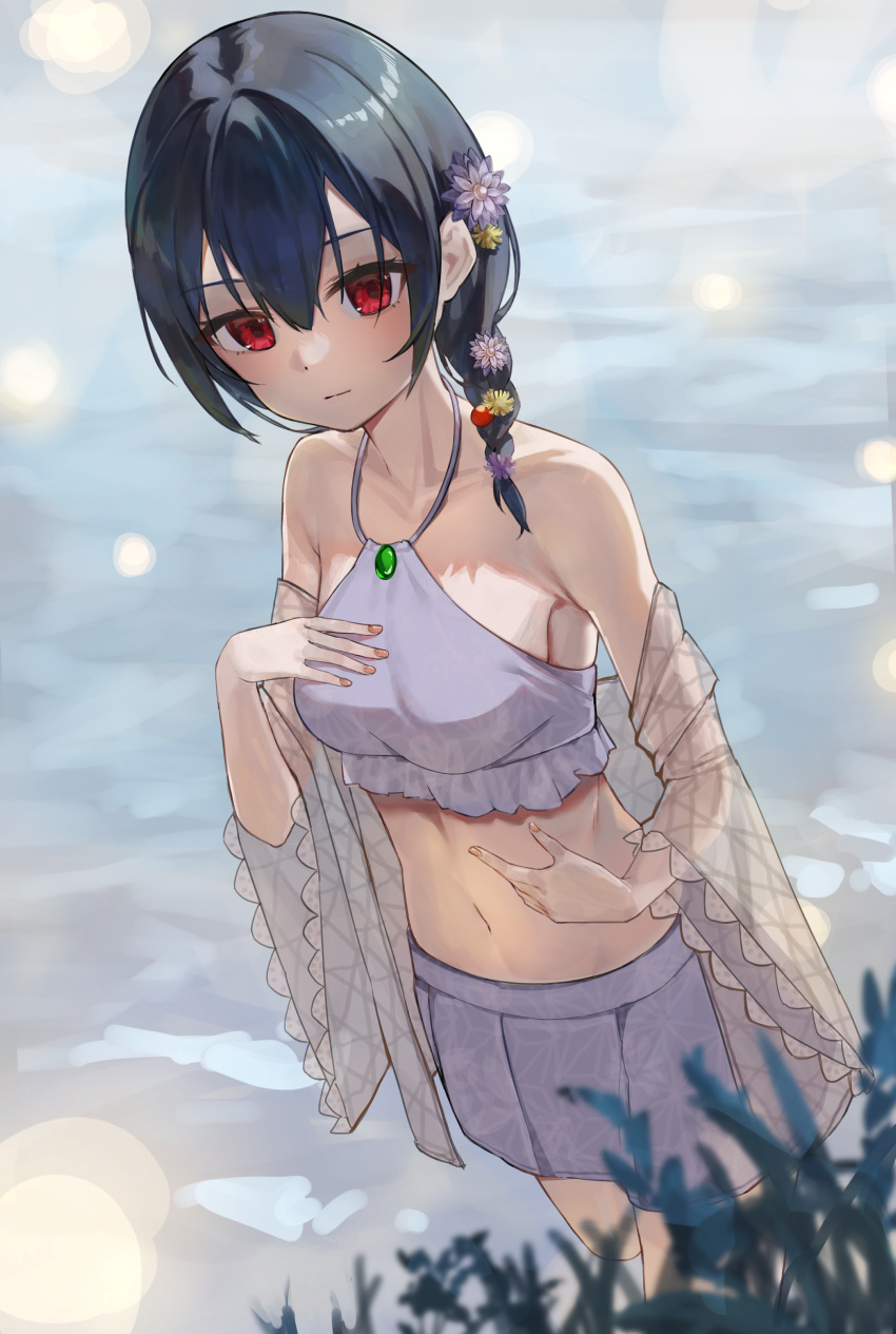 1girl absurdres alternate_breast_size bare_shoulders bikini black_hair blurry blurry_foreground blush braid braided_ponytail breasts collarbone depth_of_field fingernails flower hair_flower hair_ornament hair_over_shoulder highres idolmaster idolmaster_shiny_colors looking_at_viewer medium_breasts morino_rinze nail_polish outdoors pleated_skirt purple_bikini red_eyes see-through_shawl shawl side-tie_bikini_bottom skirt solo swimsuit wading yamada_no_orochi