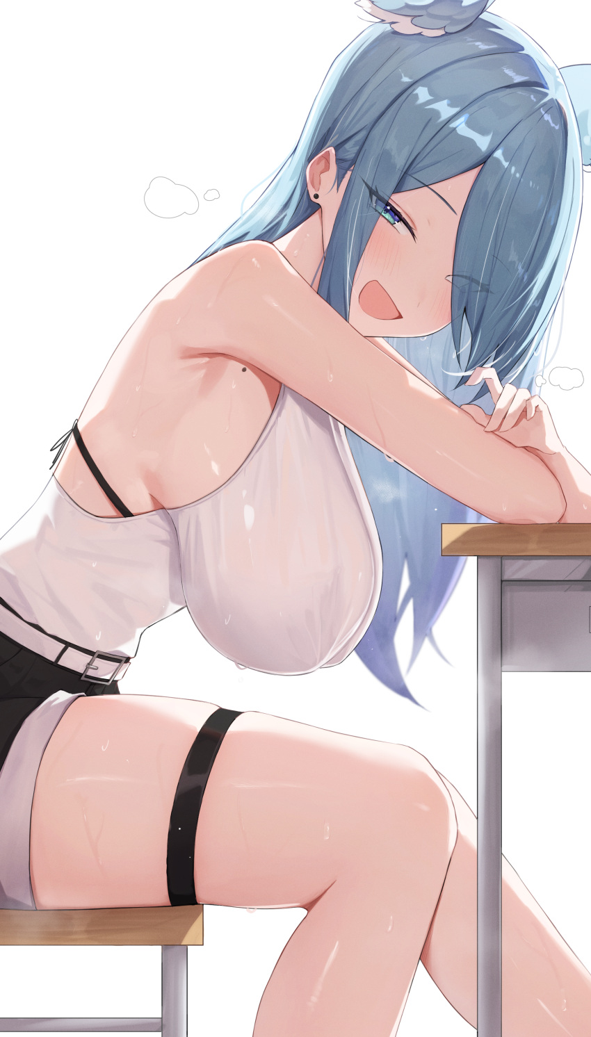 1girl absurdres armpits bare_shoulders blue_eyes blue_hair bra bra_visible_through_clothes breasts chair desk ear_piercing elira_pendora from_side hair_over_one_eye hanging_breasts head_wings highres large_breasts long_hair looking_at_viewer mole mole_on_armpit nijisanji nijisanji_en open_mouth piercing ruru_(ruru_nnnn) shirt shorts simple_background sitting sleeveless sleeveless_shirt smile solo sweat thigh_strap thighs underwear virtual_youtuber white_background wings