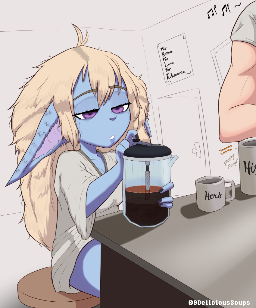 absurd_res ahoge beverage big_ears blonde_hair blue_body blue_fur breasts clothing coffee colored_nails container cup delicioussoup duo ears_down eyelashes female fur grey_clothing grey_nails grey_shirt grey_topwear hair hi_res human humanoid humanoid_pointy_ears league_of_legends long_hair male mammal musical_note nails pivoted_ears poppy_(lol) purple_eyes riot_games shirt sitting text topwear yordle