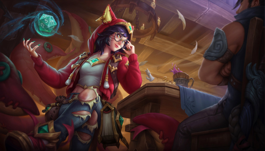 1boy 1girl absurdres ahri_(league_of_legends) alternate_costume animal_ears black_hair book breasts chair coin collarbone cup denim facial_mark fake_animal_ears fake_tail fox_ears glasses gold_coin grey_shirt highres hood hood_up hooded_jacket jacket jeans league_of_legends medium_breasts medium_hair multiple_tails open_clothes open_jacket pants red_jacket round_eyewear shirt shoes smile solo_focus table tail thanh_tran torn_clothes torn_pants whisker_markings yasuo_(league_of_legends)
