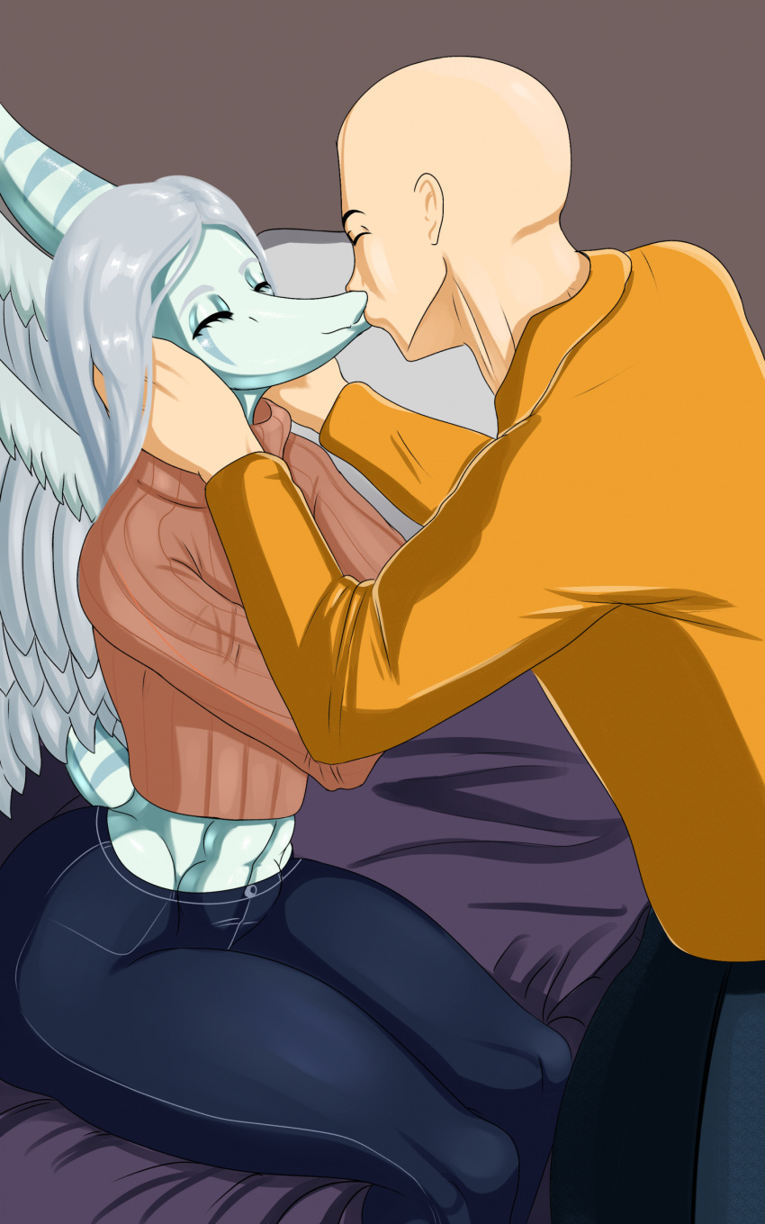 absurd_res anon_(snoot_game) anthro bald better_version_at_source clothed clothing colored duo eyes_closed fang_(gvh) feathered_wings feathers female goodbye_volcano_high hi_res human kiss_on_lips kissing male mammal midriff pterodactylus pterosaur reptile scalie snoot_game snout supervegetto wings