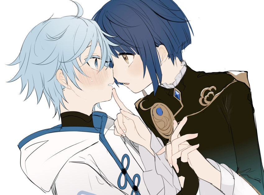 2boys ahoge asymmetrical_bangs blue_eyes blue_hair blue_trim blush chinese_clothes chongyun_(genshin_impact) earrings eye_contact finger_to_another's_mouth frilled_shirt_collar frills from_side genshin_impact highres holding_hands hood hoodie interlocked_fingers jewelry light_blue_hair long_coat long_sleeves looking_at_another male_focus multiple_boys parted_lips short_hair simple_background single_earring sweatdrop tassel tassel_earrings upper_body white_background white_hoodie xingqiu_(genshin_impact) yaoi yellow_eyes yoko_(nz_g)