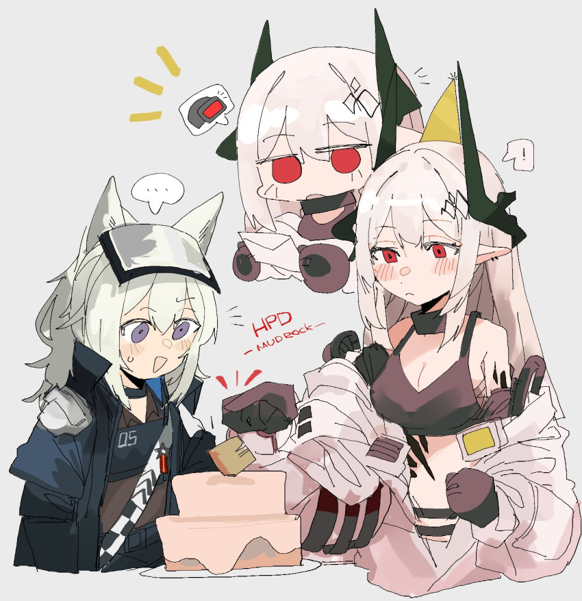 ! ... 2girls arknights big_bob_(arknights) black_collar black_gloves black_jacket black_sports_bra blush cake chibi chibi_inset collar cropped_torso demon_girl demon_horns detached_collar food frown gloves grani_(arknights) grey_background grey_hair grey_jumpsuit highres holding holding_letter horns jacket jumpsuit letter looking_down mudrock_(arknights) mudrock_(elite_ii)_(arknights) multiple_girls odmised open_jumpsuit oripathy_lesion_(arknights) pointy_ears purple_eyes red_eyes sash simple_background spoken_ellipsis spoken_exclamation_mark sports_bra upper_body visor_cap