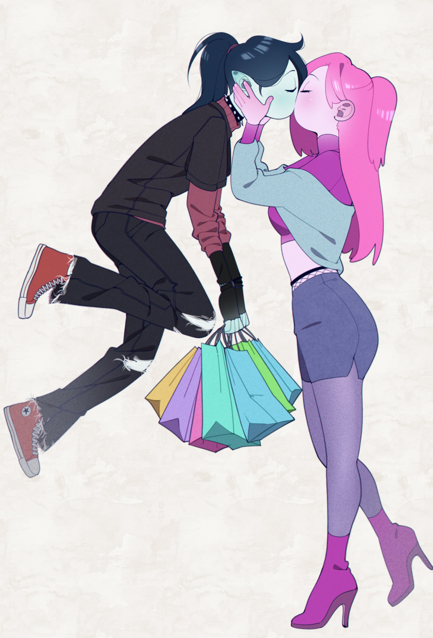 2girls absurdres adventure_time bag closed_eyes colored_skin floating grey_skin highres holding holding_bag kiss long_hair marceline_abadeer multiple_girls omy-chan pantyhose pink_hair pink_skin pointy_ears princess_bonnibel_bubblegum shopping_bag translation_request vampire yuri