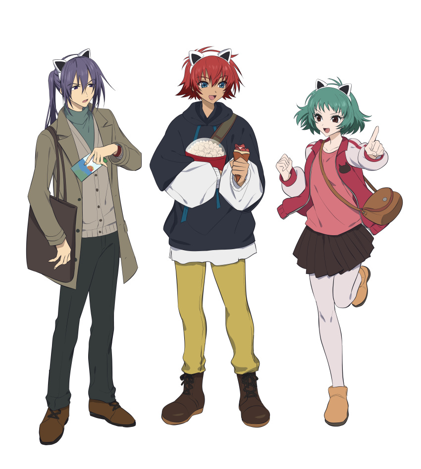 1girl 2boys absurdres akimachi animal_ears bag baggy_clothes blue_eyes brown_eyes cat_ears crepe fake_animal_ears farah_oersted food full_body green_hair hair_between_eyes hairband highres holding holding_food hood hoodie jacket keele_zeibel long_hair looking_at_another multiple_boys open_clothes open_jacket open_mouth pants pantyhose pleated_skirt pointing ponytail popcorn purple_eyes purple_hair red_hair reid_hershel short_hair shoulder_bag skirt standing standing_on_one_leg tales_of_(series) tales_of_eternia white_background white_pantyhose