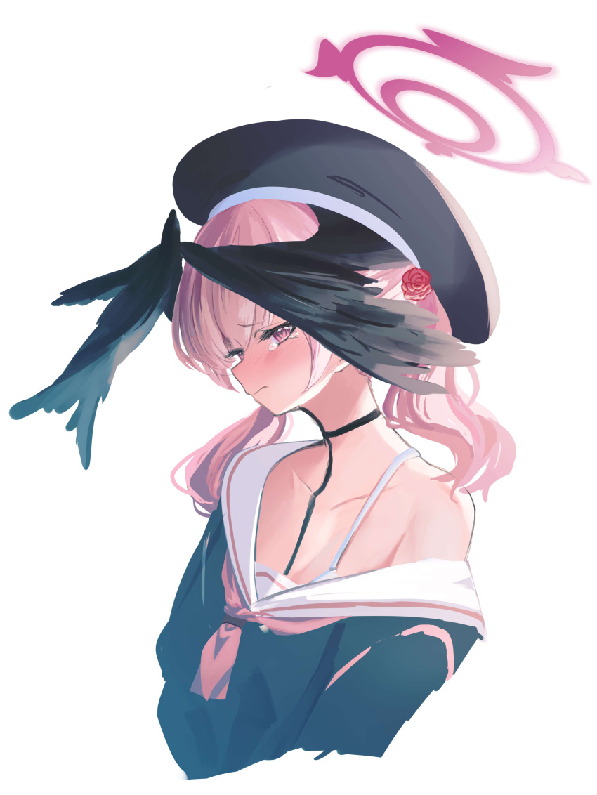 1girl absurdres beret black_headwear black_wings blue_archive blush bra_strap collarbone cropped_torso flat_chest flower hair_flower hair_ornament halo hat head_wings higashigure highres koharu_(blue_archive) looking_at_viewer nose_blush pink_eyes pink_hair profile sailor_collar simple_background single_bare_shoulder solo tears twintails upper_body white_background wings