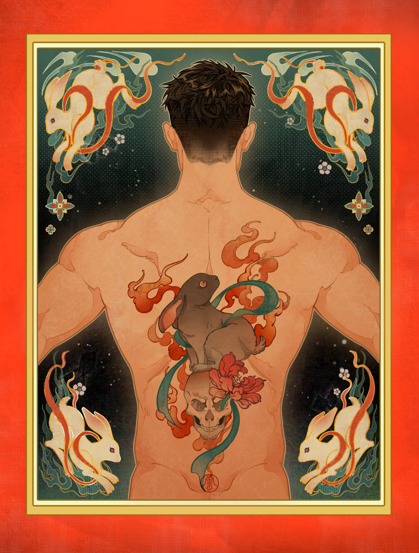 1boy absurdres arms_at_sides back back_focus bara black_hair chinese_zodiac flame_tattoo highres male_focus muscular muscular_male nude original rabbit_tattoo short_hair skull_tattoo solo upper_body year_of_the_rabbit yun_shen