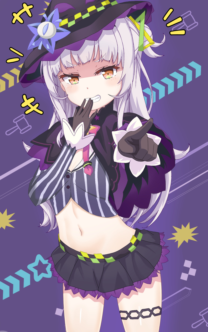 1girl black_gloves blunt_bangs breasts capelet cropped_shirt gloves grey_hair grey_shirt hair_bun hat highres hololive long_hair long_sleeves looking_at_viewer miniskirt murasaki_shion murasaki_shion_(1st_costume) navel pointing pointing_at_viewer purple_capelet purple_skirt shirt sidelocks single_hair_bun skirt small_breasts smug striped striped_shirt thigh_strap vertical-striped_shirt vertical_stripes virtual_youtuber witch_hat yellow_eyes yige_lurenjia