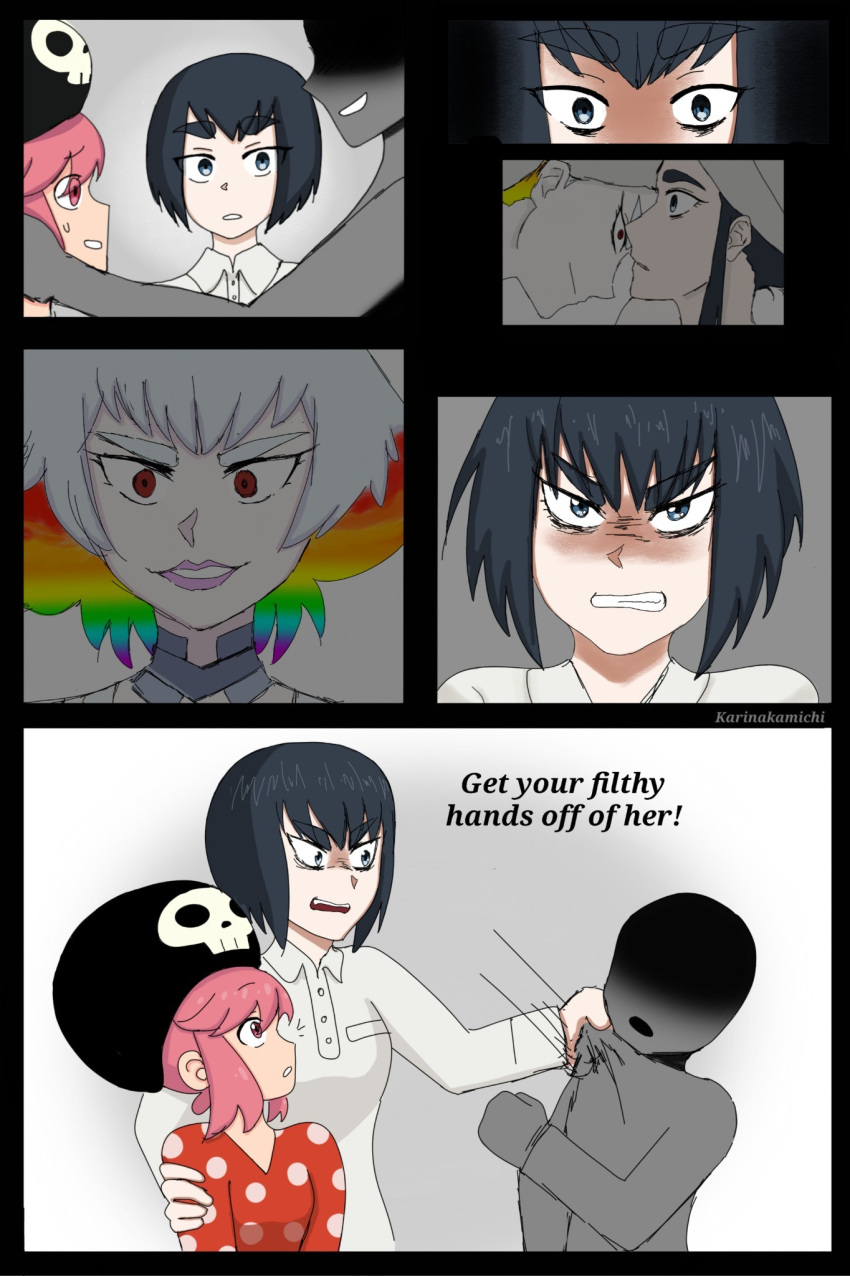 angry black_hair blue_eyes comforting english_text evil_smile faceless_other flashback highres karinakamichi kill_la_kill kiryuuin_ragyou kiryuuin_satsuki life_fiber mature_female multicolored_hair pink_eyes pink_hair polka_dot protecting rainbow_hair remembering ruffled_hair sexual_harassment signature smile yuri