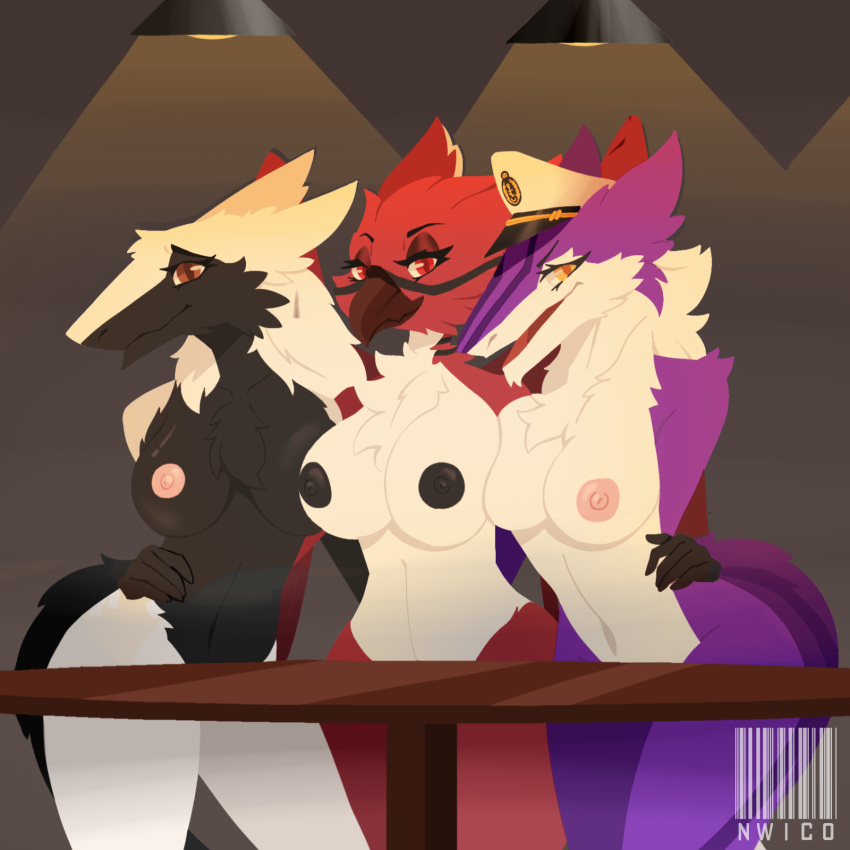 anthro anyona_blepington_(character) avian black_body black_fur breasts brown_eyes clothing fear_(terrorwing) female fur furniture group gryphon headgear headwear hi_res mythological_avian mythology nwico purple_body purple_fur red_body red_eyes red_fur sergal supreme_admiral_cheese_(character) table trio white_body white_fur yellow_eyes