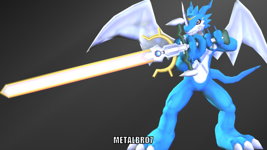 anthro bandai_namco big_sword black_background blue_body digimon digimon_(species) digimon_adventure_02 dragon exveemon male metalbro7 red_eyes simple_background solo