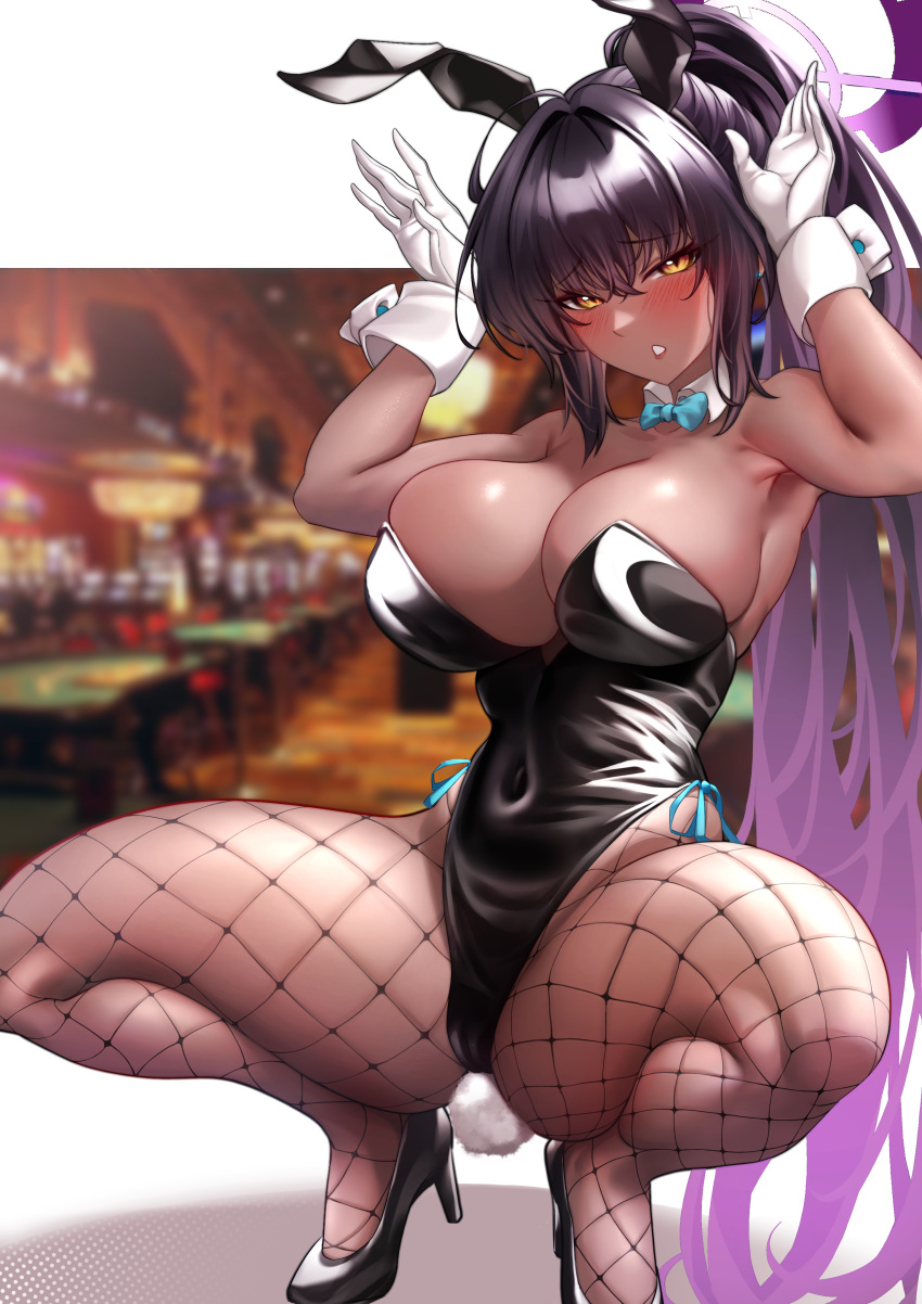 1girl absurdres ahoge animal_ears armpits black_footwear black_hair black_leotard blue_archive blurry blurry_background blush breasts casino cleavage commentary covered_navel dark-skinned_female dark_skin fake_animal_ears fake_tail fishnet_pantyhose fishnets full_body furrowed_brow gloves gradient_hair hair_between_eyes halo high_heels high_ponytail highres karin_(blue_archive) karin_(bunny)_(blue_archive) large_breasts leotard lipstick long_hair looking_at_viewer makeup multicolored_hair official_alternate_costume orange_eyes pantyhose parted_lips playboy_bunny purple_hair purple_halo rabbit_ears rabbit_pose rabbit_tail red_lips skindentation solo spread_legs squatting st_r strapless strapless_leotard tail tiptoes two-tone_hair very_long_hair white_gloves wrist_cuffs