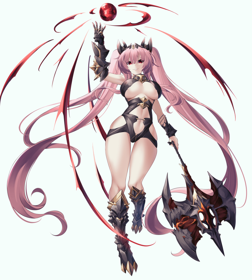 1girl absurdres arm_up armored_boots axe azur_lane boots breasts clothing_cutout commentary commission from_below full_body gauntlets hair_between_eyes highres holding holding_axe holding_weapon la_galissonniere_(azur_lane) la_galissonniere_(meta)_(azur_lane) large_breasts long_hair navel parted_lips pink_hair pixiv_commission red_eyes simple_background single_gauntlet smile solo stomach_cutout twintails very_long_hair weapon white_background yan_lie