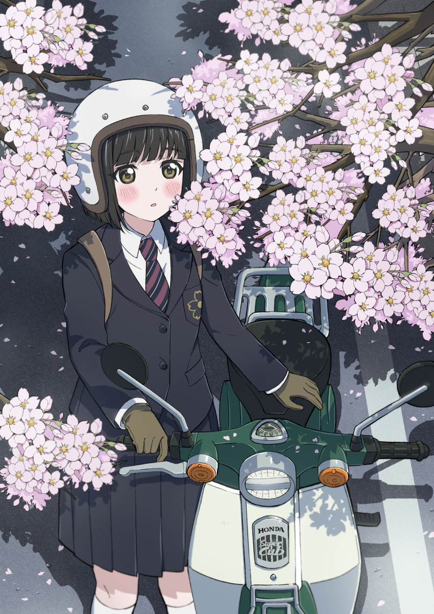 backpack bag black_hair black_jacket black_skirt blunt_bangs blush brown_eyes brown_gloves collared_shirt diagonal-striped_necktie falling_petals gloves highres honda_super_cub jacket jose_(tkd-yk) kneehighs koguma_(super_cub) necktie open_mouth petals pleated_skirt school_uniform shirt skirt socks spring_(season) super_cub white_helmet white_shirt white_socks