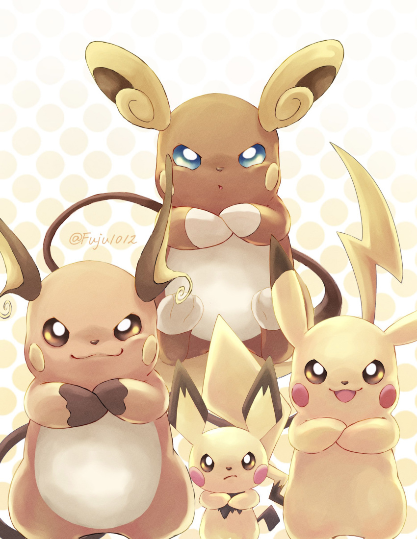 :o absurdres alolan_raichu animal_focus aqua_eyes bright_pupils brown_eyes closed_mouth commentary_request crossed_arms evolutionary_line fuju1012 highres looking_at_viewer no_humans pichu pikachu pokemon pokemon_(creature) raichu smile white_background white_pupils