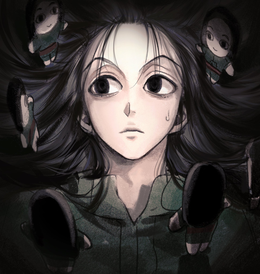 1boy black_eyes black_hair butn_0925 collared_shirt expressionless green_shirt highres hunter_x_hunter illumi_zoldyck long_hair male_focus portrait puppet shirt solo sweatdrop upper_body