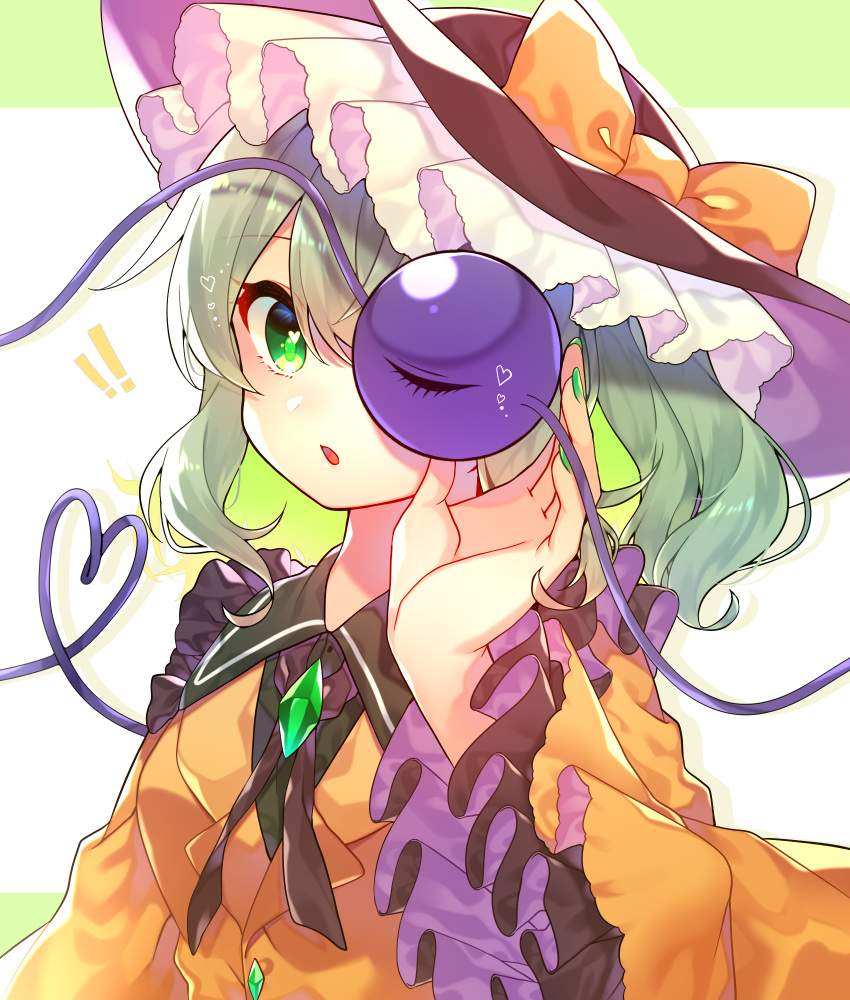 ! !! 1girl black_headwear buttons collared_shirt diamond_button frilled_shirt_collar frilled_sleeves frills green_eyes green_hair hair_between_eyes hat hat_ribbon heart heart_of_string highres komeiji_koishi long_sleeves open_mouth renka_(sutegoma25) ribbon shirt short_hair solo third_eye touhou upper_body wide_sleeves yellow_ribbon yellow_shirt