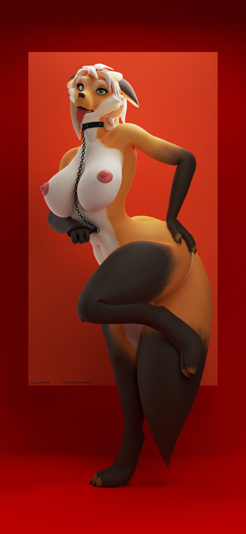 3d_(artwork) absurd_res anthro arms_bent bent_legs big_breasts big_butt black_body black_fur blender_(software) blender_cycles bodily_fluids breasts butt canid canine chain collar digital_media_(artwork) drooling drooling_tongue erect_nipples feet female fox fox_tail fur gradient_background green_eyes hair hi_res huge_breasts huge_butt huge_filesize leash leashed_collar leashed_female looking_at_viewer mammal nipples nude open_mouth orange_background orange_body orange_fur pawpads paws provide red_background saliva simple_background solo submissive tail text thick_thighs toes tongue tongue_out vixanne_(furromantic) white_body white_fur white_hair wide_hips