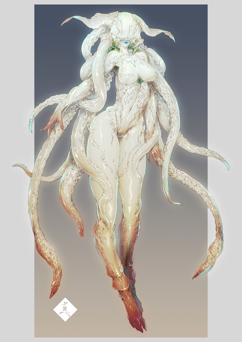 1girl blue_lips contrapposto creature full_body gradient_background highres lips mabo9317 monster monster_girl navel original pillarboxed solo squid tentacles