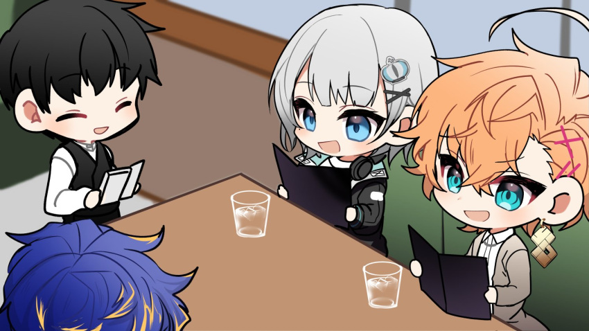 1girl 3boys :d ^_^ ahoge aqua_eyes astel_leda asymmetrical_bangs black_hair black_jacket black_vest blonde_hair blue_eyes blue_hair booth_seating brown_jacket chain_necklace chibi closed_eyes collared_shirt crossed_bangs crown_hair_ornament cup drinking_glass earrings grey_hair hair_between_eyes hair_ornament hairclip headphones headphones_around_neck holding holding_menu holostars ice ice_cube indie_virtual_youtuber indoors jacket jewelry long_sleeves menu multicolored_hair multiple_boys necklace neo-porte open_clothes open_jacket orange_hair out_of_frame pakael_(vtuber) reading restaurant shibuya_hal shirt short_hair single_earring sitting smile standing streaked_hair table tokumei_nozomi_nozomu upper_body vest virtual_youtuber waiter water white_shirt