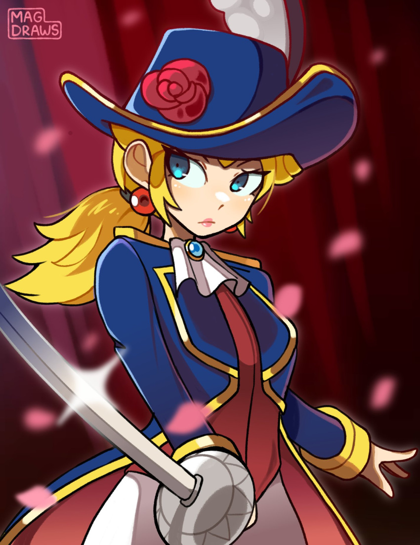 1girl artist_name ascot blonde_hair blue_eyes blue_headwear blue_jacket earrings facing_viewer falling_petals flower gloves hat hat_flower highres holding holding_sword holding_weapon jacket jewelry lips long_hair long_sleeves looking_to_the_side mag_(magdraws) mario_(series) official_alternate_costume open_clothes open_jacket pants petals ponytail princess_peach princess_peach:_showtime! rapier red_flower red_rose red_vest rose solo sphere_earrings sword swordfighter_peach vest watermark weapon white_ascot white_pants