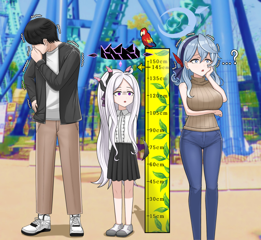 1boy 2girls absurdres ahoge ako_(blue_archive) alternate_costume amusement_park bird black_hair black_jacket black_skirt blue_archive blue_eyes blue_hair blue_pants blunt_bangs blurry breast_hold breasts brown_pants casual commentary_request covered_horns demon_girl demon_horns demon_wings denim depth_of_field earrings faceless faceless_male forehead full_body hair_ribbon hairband halo hand_on_own_cheek hand_on_own_face height_chart height_difference highres hina_(blue_archive) horns jacket jewelry littlefunny long_hair long_sleeves looking_at_viewer multiple_girls open_clothes open_jacket outdoors pants parted_lips pleated_skirt ponytail purple_eyes ribbed_sweater ribbon roller_coaster sensei_(blue_archive) shirt shoes sidelocks skirt sleeveless sleeveless_turtleneck sneakers standing stifled_laugh surprised sweater trembling turtleneck wavy_hair white_hair white_shirt wide-eyed wings