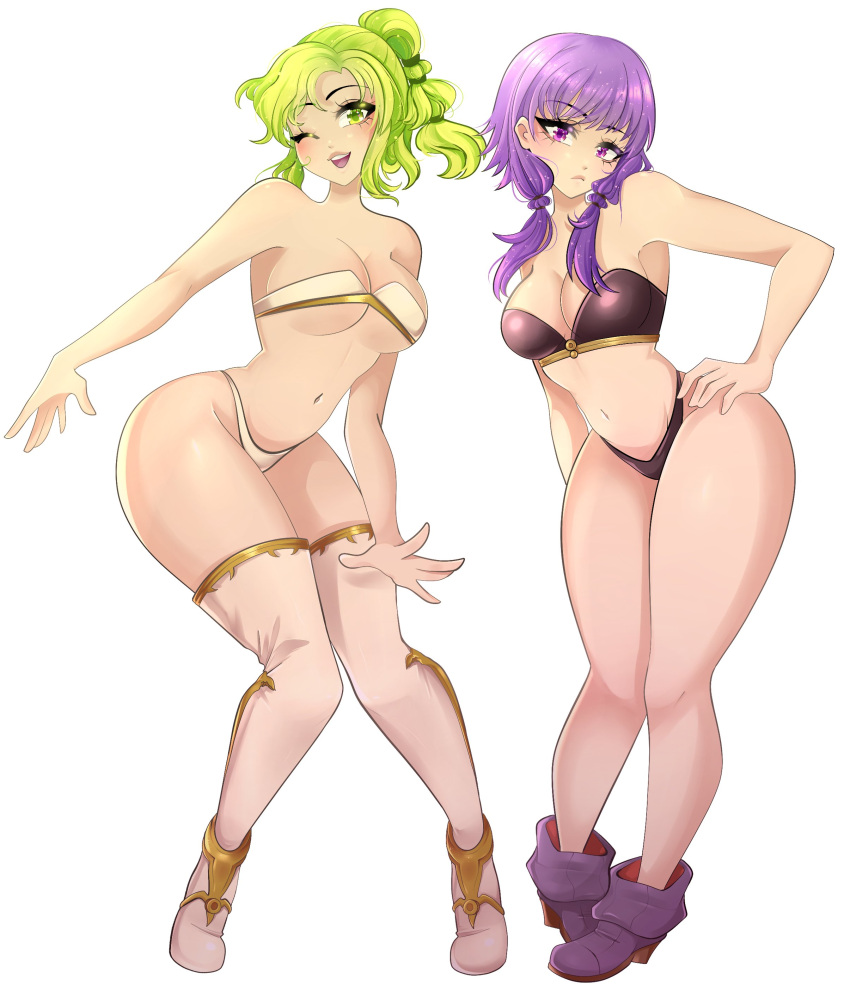 2girls absurdres armpit_crease ass blush boots breasts commentary dot_nose fire_emblem fire_emblem:_the_sacred_stones green_eyes green_hair hair_ribbon highres kyhsoren l'arachel_(fire_emblem) large_breasts long_hair looking_at_viewer low-tied_long_hair lute_(fire_emblem) multiple_girls navel one_eye_closed open_mouth paid_reward_available purple_eyes purple_footwear purple_hair ribbon simple_background smile thigh_boots white_background