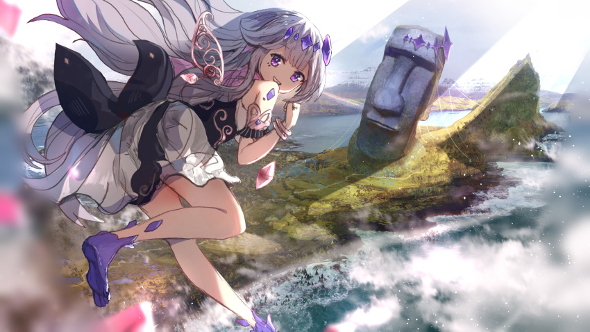 1girl :d advarcher barefoot beach clenched_hand clenched_teeth commentary crystal dress flying from_behind grey_hair hand_up highres hololive hololive_english island koseki_bijou leaning_forward light_particles long_hair looking_at_viewer moai mountainous_horizon multicolored_hair ocean purple_eyes scenery smile soles solo teeth toes vignetting virtual_youtuber white_dress wings