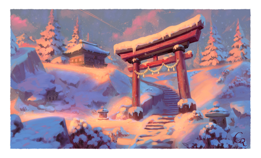 architecture border building east_asian_architecture highres no_humans original outdoors robertogatto scenery signature snow stairs stone_lantern torii tree watermark white_border