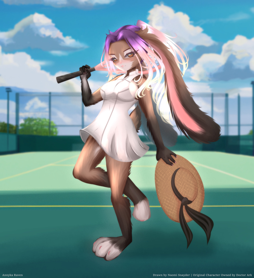 animal_humanoid annyka_raven_(character) anthro brown_body clothing domestic_rabbit female floppy_ears hair hat headgear headwear hi_res humanoid lagomorph lagomorph_humanoid leporid leporid_humanoid lop_ears lop_rabbit mammal mammal_humanoid naomi_snayder orange_eyes oryctolagus purple_hair rabbit rabbit_humanoid solo tennis_racket