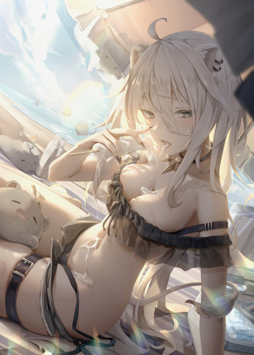 1girl absurdres ahoge animal_ear_piercing animal_ears arm_support beach bikini black_bikini black_choker black_nails blush breasts choker cirkus cleavage commentary food frilled_bikini frills grey_eyes grey_hair hair_between_eyes highres holding holding_food holding_popsicle hololive large_breasts lion_ears lion_girl lion_tail long_hair looking_at_viewer melting nail_polish open_mouth outdoors parasol popsicle sand see-through sexually_suggestive shishiro_botan shorts sidelocks sitting sky solo ssrb_(shishiro_botan) swimsuit symbol-only_commentary tail thigh_strap tongue umbrella virtual_youtuber water