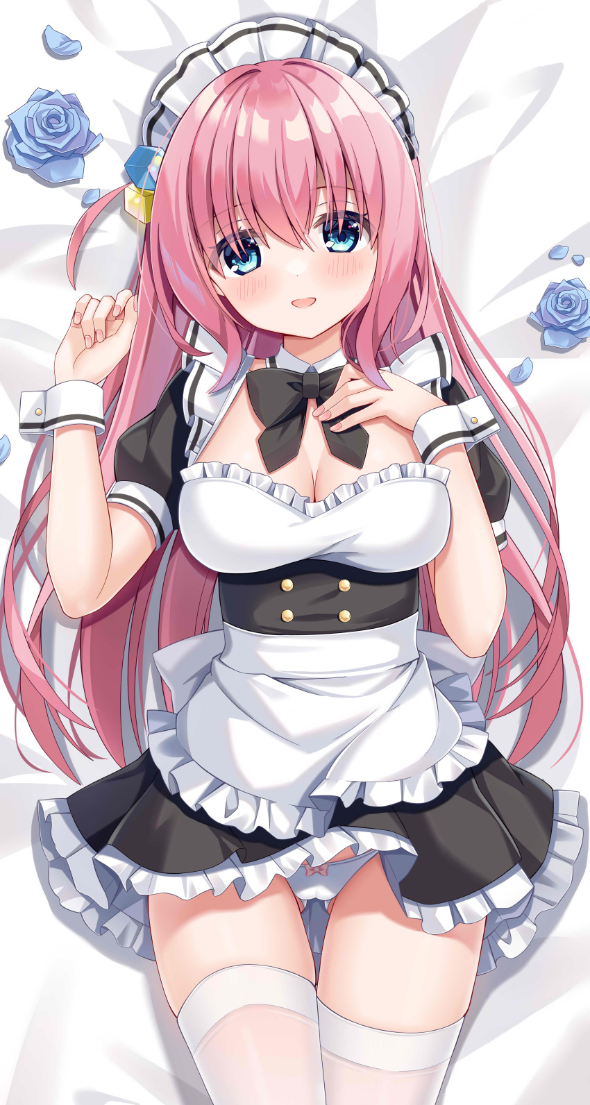 1girl absurdres alternate_costume apron bed_sheet black_dress blue_eyes blue_flower blue_rose blush bocchi_the_rock! breasts cleavage cowboy_shot cube_hair_ornament dress enmaided flower frilled_apron frills gotoh_hitori hair_between_eyes hair_ornament highres large_breasts long_hair looking_at_viewer maid maid_headdress mikan_(user_negv3532) one_side_up open_mouth petals pink_hair rose rose_petals short_sleeves smile solo thighhighs waist_apron white_apron white_thighhighs wrist_cuffs