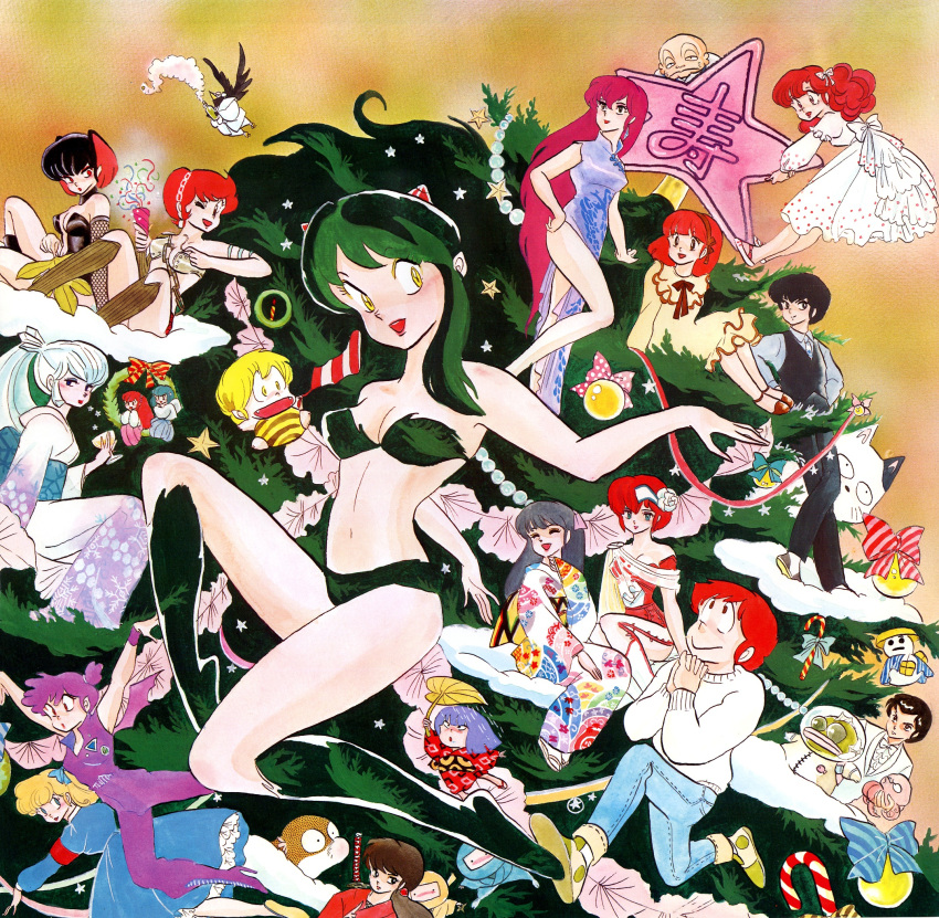 6+boys 6+girls amefurashi_(urusei_yatsura) armband armor bald bat_wings benten_(urusei_yatsura) bikini bikini_armor bird black_footwear black_hair blonde_hair blue_dress boots bow candy candy_cane cat chain character_request cherry_(urusei_yatsura) china_dress chinese_clothes christmas christmas_ornaments christmas_stocking christmas_tree christmas_wreath crow cup curly_hair dappya_monster denim dress drinking_glass elle_de_rosenbach everyone fangs flower food fujinami_ryuunosuke green_bikini green_hair grey_hair hair_bow hair_flower hair_ornament hair_wings hand_fan headband highres holding holding_cup holding_fan holding_party_popper horns in_tree japanese_clothes jeans jumpsuit kaede_(urusei_yatsura) kimono komori_(urusei_yatsura) kotatsu-neko kurama_(urusei_yatsura) leaf_fan leaf_umbrella long_hair lum mendou_ryouko mendou_shuutarou miyake_shinobu moroboshi_ataru multicolored_clothes multicolored_kimono multiple_boys multiple_girls ninja non-web_source octopus oni_horns open_mouth orange_trim own_hands_clasped own_hands_together oyuki_(urusei_yatsura) pants party_popper pointy_ears ponytail purple_hair purple_jumpsuit red_armband red_hair red_kimono rose short_hair side_slit single_horn sitting sitting_in_tree sitting_on_cloud smile snowman star_(symbol) striped striped_bow suit sweater swimsuit takahashi_rumiko ten_(urusei_yatsura) tree tree_print urusei_yatsura very_long_hair very_short_hair wendy_(urusei_yatsura) white_dress white_flower white_hair white_kimono white_rose white_suit white_sweater wine_glass wings wreath yellow_dress yellow_eyes