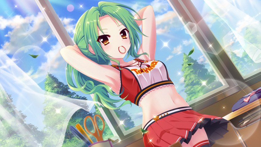 1girl armpits arms_behind_head black_thighhighs blue_sky breasts classroom closed_mouth cloud cloudy_sky crop_top curtains day dot_nose dutch_angle falling_leaves film_grain folded_clothes game_cg green_hair group_name hair_tie hair_tie_in_mouth indoors izumi_tsubasu leaf lens_flare long_hair looking_at_viewer medium_breasts midriff mouth_hold navel non-circular_lens_flare non-web_source official_art open_window pen re:stage! red_skirt school_uniform scissors shirokita_kuroha skirt sky solo sparkle star_(symbol) sunlight thighhighs tree tying_hair wind window yellow_eyes zettai_ryouiki