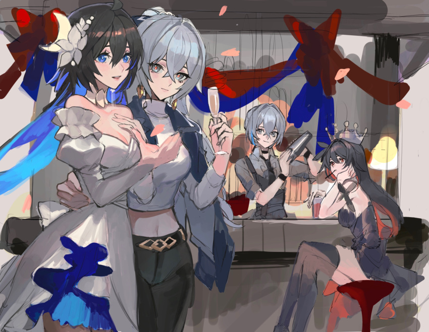 4girls absurdres ahoge alternate_costume bartender birthday birthday_party black_hair black_necktie black_pants black_thighhighs blue_hair bronya_zaychik bronya_zaychik_(silverwing:_n-ex) chinese_commentary closed_mouth cocktail_shaker colored_inner_hair company_connection counter couple crossed_bangs crown cup dress earrings flower grey_eyes greyscale hair_between_eyes hair_flaps hair_flower hair_ornament hand_on_another's_back hand_on_own_chin happy highres holding holding_cup holding_shaker honkai:_star_rail honkai_(series) honkai_impact_3rd indoors jewelry looking_at_another midriff mie_xing monochrome multicolored_hair multiple_girls navel necktie open_mouth pants red_eyes red_hair seele_(alter_ego) seele_vollerei seele_vollerei_(herrscher_of_rebirth) seele_vollerei_(starchasm_nyx) silver_wolf_(honkai:_star_rail) sitting smile standing streaked_hair thighhighs unfinished white_dress white_flower yuri