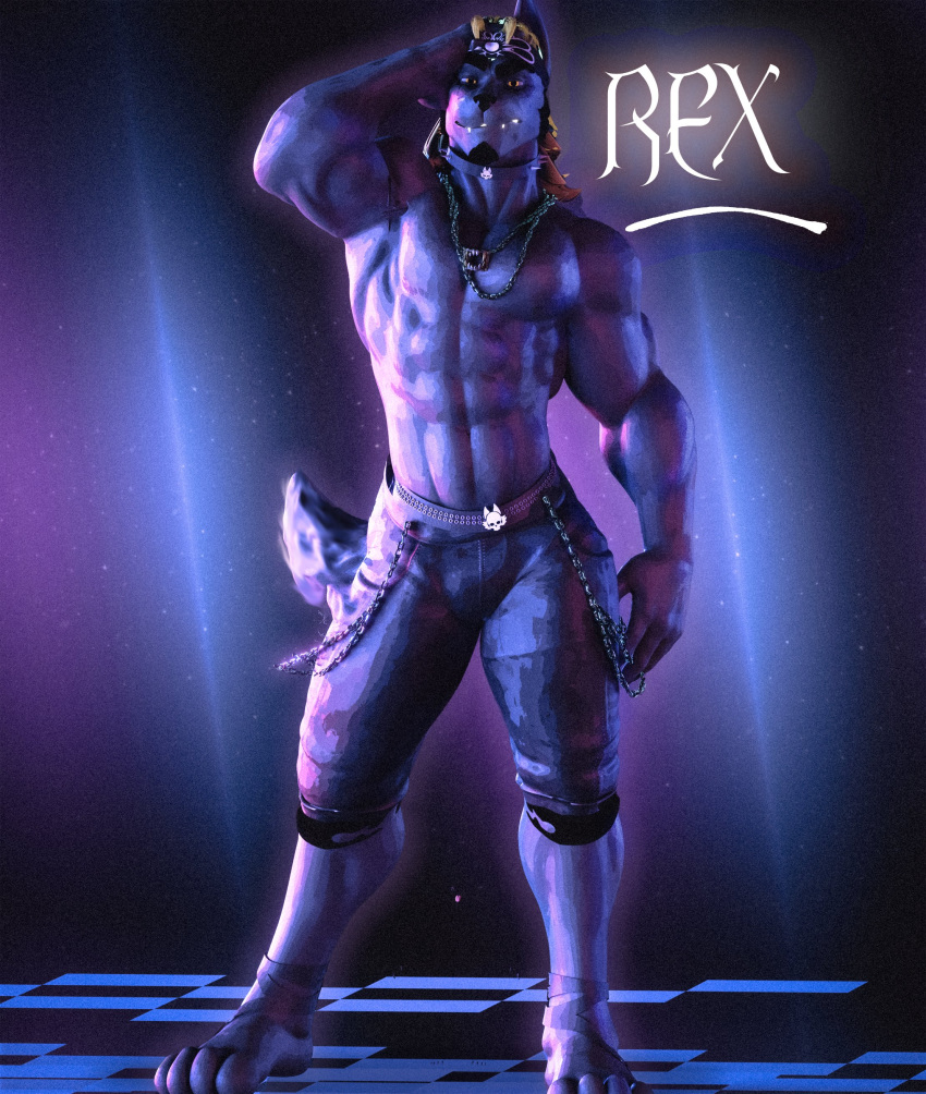 3d_(artwork) absurd_res anthro bandanna barechest blender_(software) blonde_hair body_hair chain chesthair choker digital_media_(artwork) flexing_bicep hair hi_res jewelry kerchief long_hair makeup male male/male markings muscular necklace pecs posing_for_picture rexwolf shirtless_male solo tribal tribal_markings