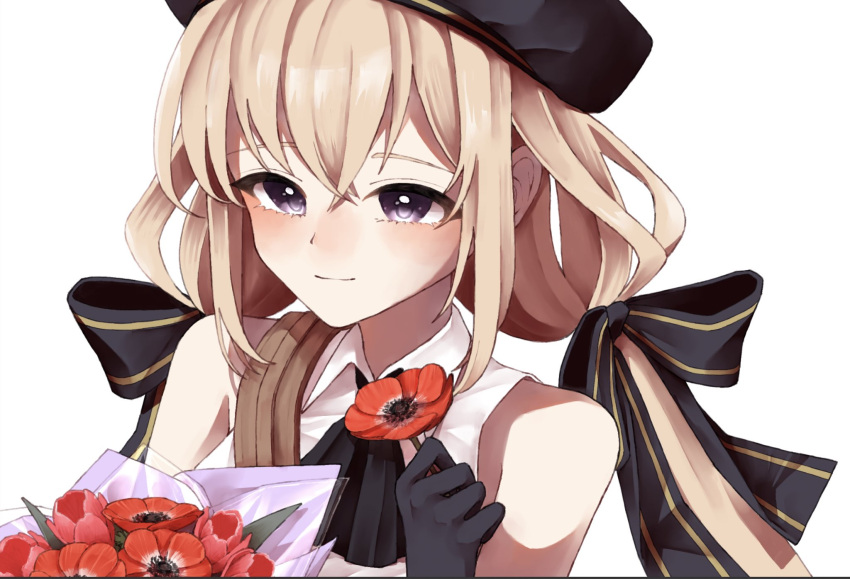 1girl amahara_nue ascot assault_lily bare_shoulders beret black_ascot black_gloves black_headwear black_ribbon blonde_hair blush bouquet closed_mouth collared_shirt crossed_bangs flower gloves hair_between_eyes hair_ribbon hand_up hat highres holding holding_flower light_smile long_hair looking_away low_twintails odaiba_girls_high_school_uniform purple_eyes red_flower ribbon school_uniform shirt shoulder_strap sidelocks simple_background solo striped striped_ribbon takehisa_nakaba twintails upper_body white_background white_shirt