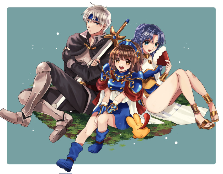 2boys 2girls arle_nadja armor blue_background blue_eyes blue_hair brown_hair carbuncle_(puyopuyo) hand_fan highres higurashi_73 holding holding_fan holding_sword holding_weapon looking_at_viewer madou_monogatari multiple_boys multiple_girls open_mouth ponytail puyopuyo rulue_(puyopuyo) schezo_wegey shoulder_armor sitting smile sword tongue tongue_out weapon white_hair yellow_eyes