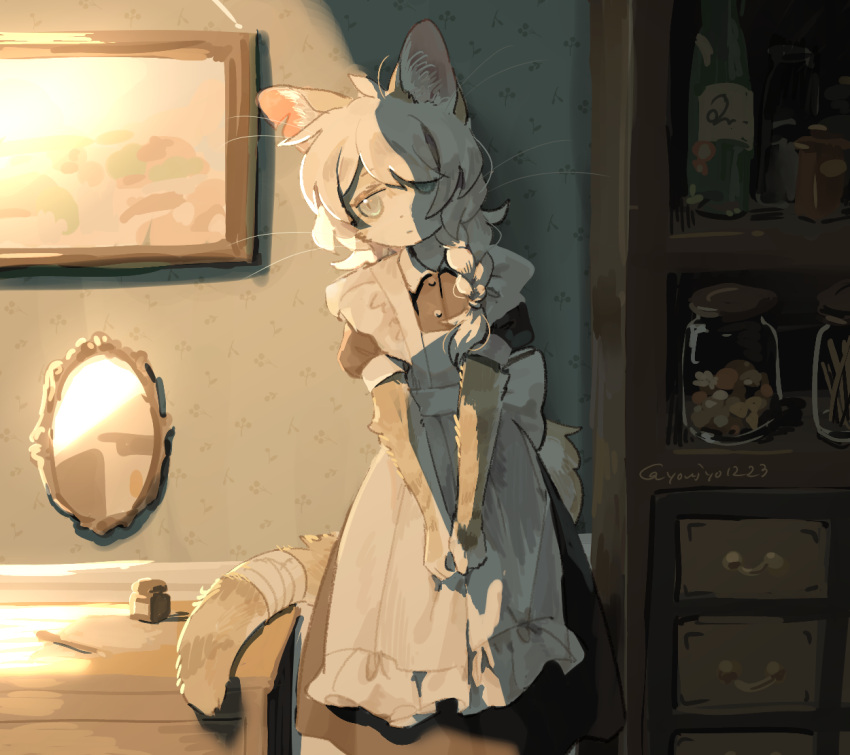 1girl animal_ear_fluff animal_ears apron back_bow bandaged_tail bandages black_dress blonde_hair blue_eyes body_fur bow braid cat_ears cat_girl cat_tail collared_dress commentary_request cowboy_shot drawer dress frown furry furry_female gomafuto indoors jar looking_to_the_side maid medium_hair mirror original own_hands_together puffy_short_sleeves puffy_sleeves shade shelf short_sleeves side_braid single_braid slit_pupils solo standing tail v_arms wallpaper_(object) whiskers white_apron yellow_fur