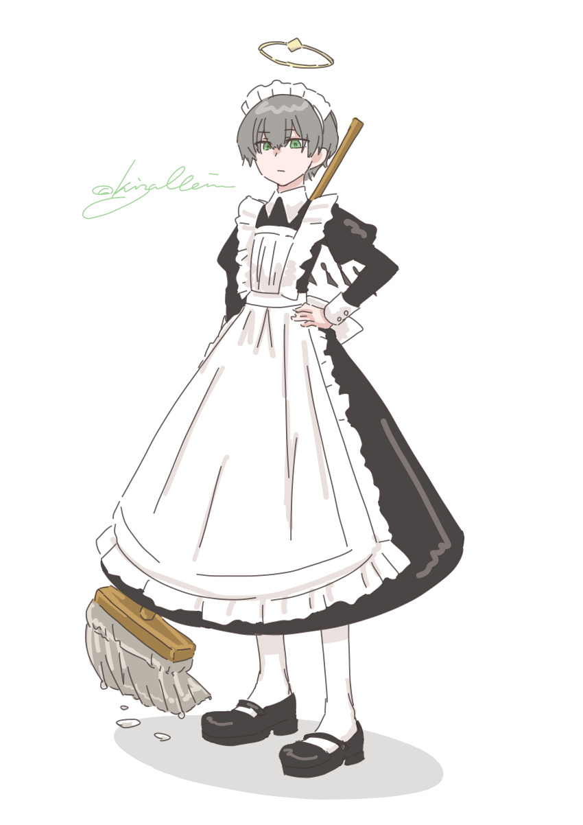 1boy absurdres alternate_costume apron arene_(arknights) arknights black_footwear crossdressing enmaided frilled_apron frills full_body green_eyes grey_hair hair_between_eyes halo hand_on_own_hip highres juliet_sleeves kaprice long_sleeves maid maid_apron maid_headdress male_focus mop pantyhose puffy_sleeves shadow shoes simple_background solo standing twitter_username white_apron white_background white_pantyhose