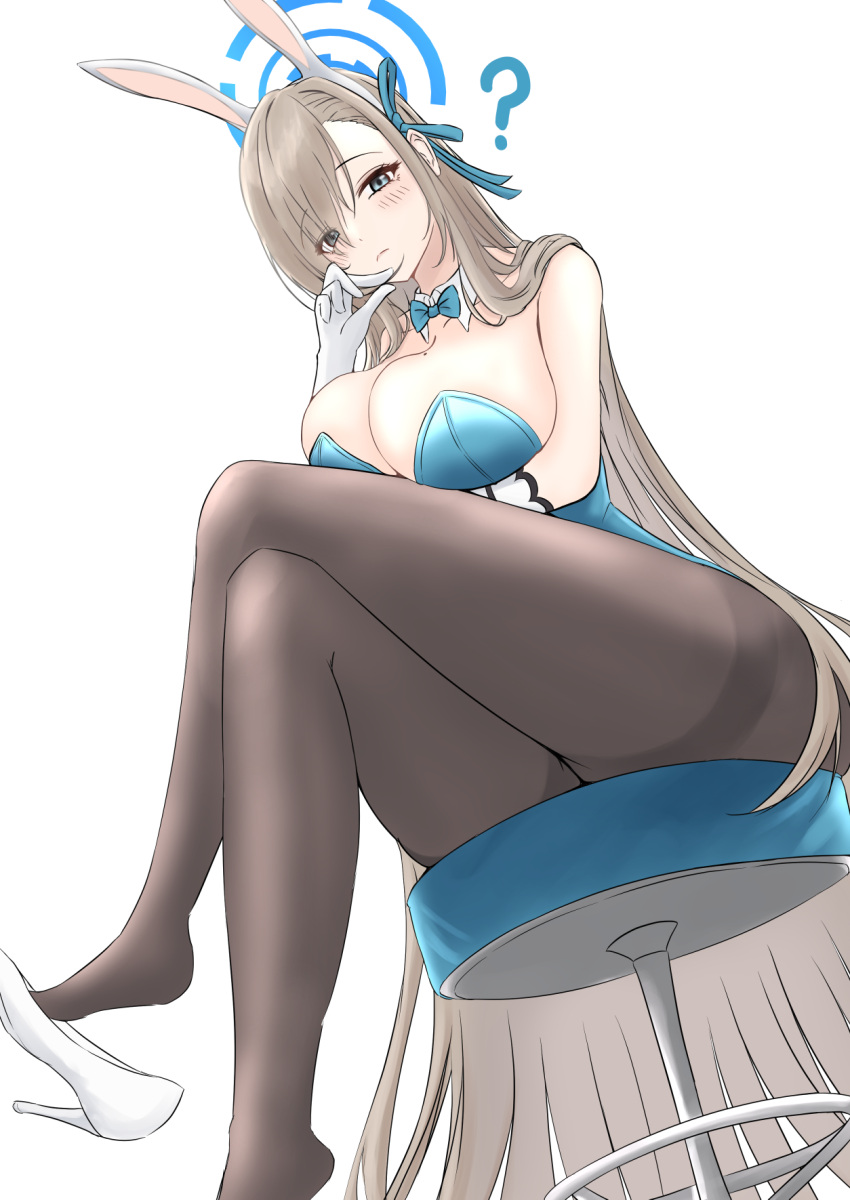 1girl ? absurdly_long_hair animal_ears arms_under_breasts asuna_(blue_archive) asuna_(bunny)_(blue_archive) black_pantyhose blue_archive blue_eyes blue_leotard blush breasts cleavage collar detached_collar fake_animal_ears gloves highres large_breasts leotard light_brown_hair long_hair looking_at_viewer mole mole_on_breast official_alternate_costume on_stool pantyhose playboy_bunny rabbit_ears raku_(raku-san) strapless strapless_leotard very_long_hair white_collar white_gloves