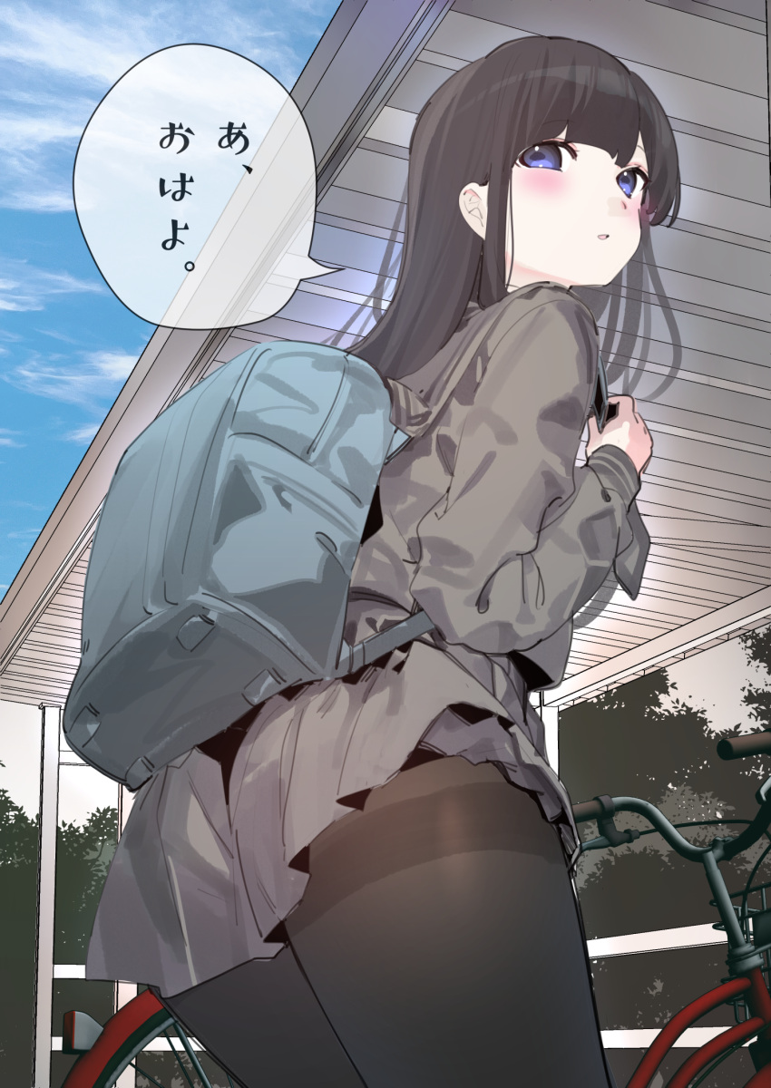 1girl accidental_exposure backpack bag bicycle black_hair black_pantyhose blue_eyes blue_sky blush chikuwa. clothes_lift cloud cloudy_sky commentary_request day grey_sailor_collar grey_serafuku grey_shirt grey_skirt highres long_hair looking_to_the_side original outdoors pantyhose parted_lips pleated_skirt sailor_collar school_uniform serafuku shirt skirt skirt_lift sky solo thighband_pantyhose translation_request