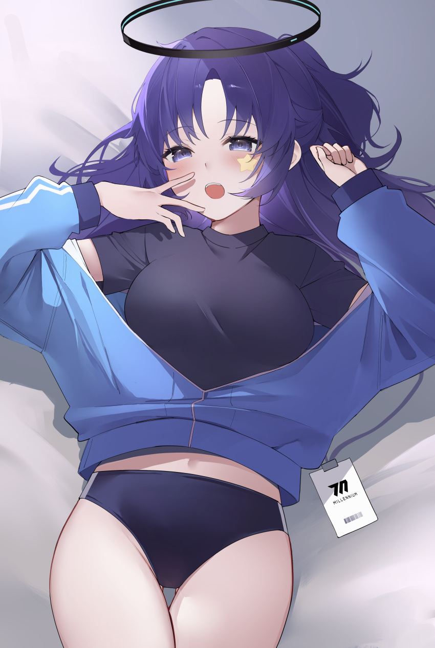 1girl :o absurdres black_buruma black_shirt blue_archive blue_jacket blush breasts buruma facepaint halo highres jacket lanyard looking_at_viewer lying medium_breasts official_alternate_costume on_back partially_unzipped purple_eyes purple_hair revision shirt solo star_(symbol) track_jacket yuuka_(blue_archive) yuuka_(track)_(blue_archive) yuuki02