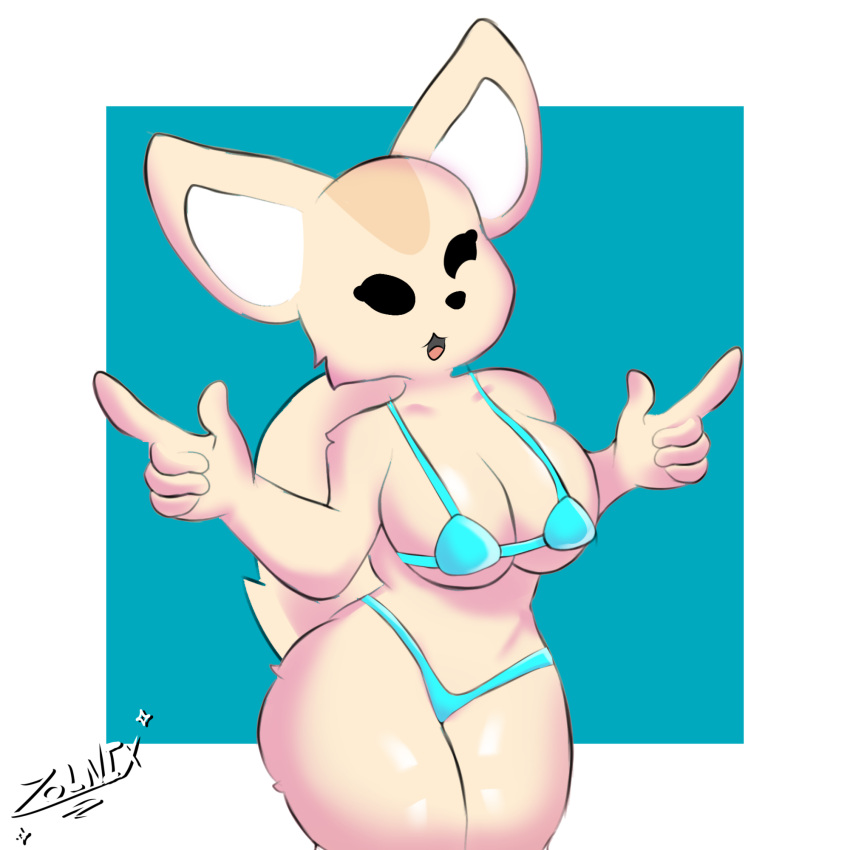 aggressive_retsuko anthro big_breasts blue_clothing breasts canid canine clothing female fenneko fox hi_res mammal pose sanrio simple_background simple_eyes smile solo tail thick_thighs underwear zolnix