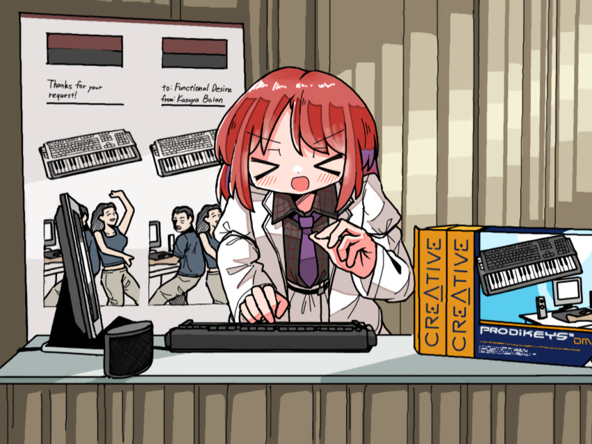 &gt;_&lt; 1girl black_shirt closed_eyes collared_shirt commentary creative_prodikeys_dm facing_viewer hands_up horikawa_raiko instrument jacket kasuya_baian keyboard_(instrument) long_sleeves monitor necktie open_clothes open_jacket open_mouth plaid plaid_shirt prodikeys purple_necktie red_hair shirt short_hair sidelocks smile solo standing synthesizer table touhou white_jacket