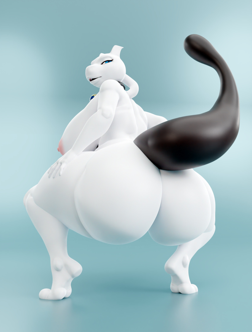 2023 2_toes 3d_(artwork) anthro areola big_areola big_breasts big_butt billynr black_body black_fur blender_(software) blue_background blue_eyes breasts bubble_butt butt collar crouching curvy_figure digital_media_(artwork) feet female fingers fur generation_1_pokemon hi_res huge_areola huge_breasts huge_butt legendary_pokemon long_tail looking_at_viewer looking_back looking_back_at_viewer mewtwo multicolored_body multicolored_fur myukitwo_(evov1) nintendo nipples nude open_mouth pokeball pokemon pokemon_(species) simple_background solo tail thick_thighs toes two_tone_body two_tone_fur voluptuous white_body white_fur wide_hips yuki_(evov1)