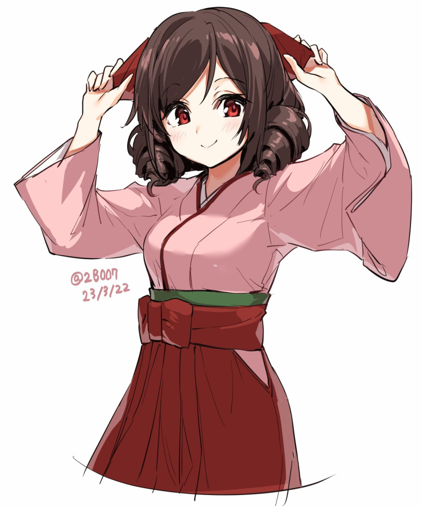 1girl bow breasts brown_hair cowboy_shot dated drill_hair hair_bow hair_over_shoulder hakama harukaze_(kancolle) highres holding holding_ribbon japanese_clothes kantai_collection kimono long_hair looking_at_viewer medium_breasts meiji_schoolgirl_uniform pedopetton pink_kimono red_bow red_eyes red_hakama red_ribbon ribbon simple_background smile solo twin_drills twitter_username white_background