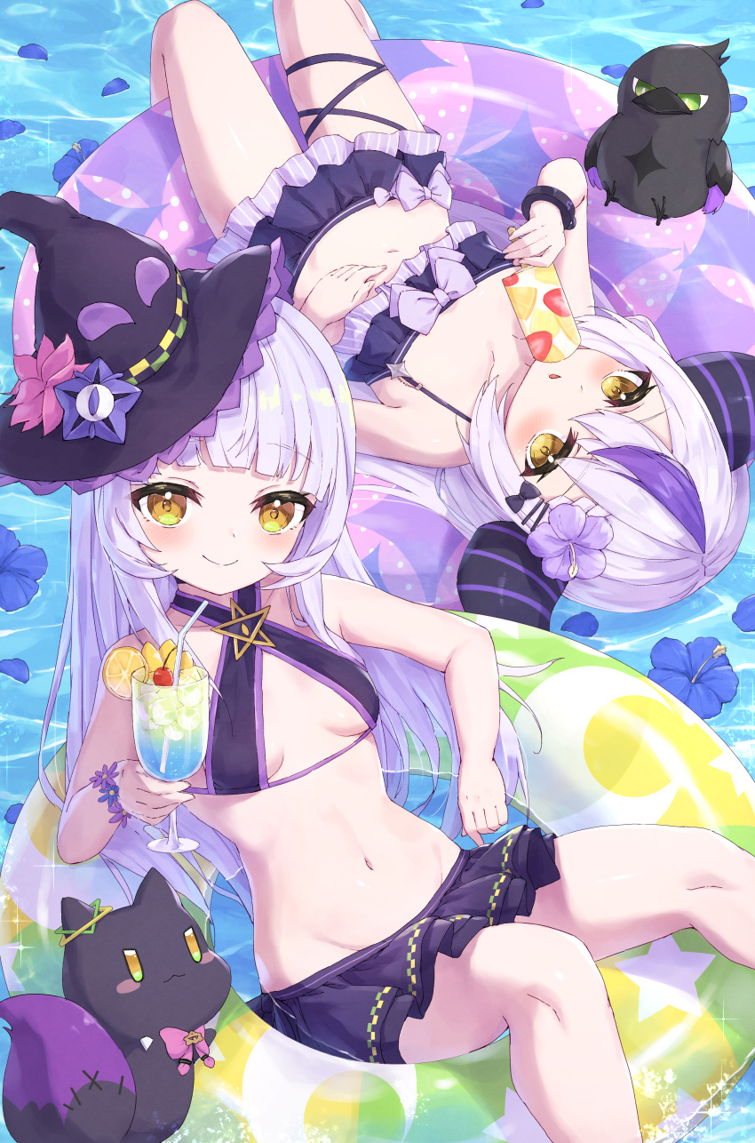 2girls absurdres bendy_straw bikini black_bikini blue_flower breasts brown_eyes commentary_request crow_(la+_darknesss) cup demon_horns drinking_straw feet_out_of_frame flower flower_on_liquid food grey_hair groin highres holding holding_cup holding_food hololive horns ice_cream innertube la+_darknesss long_hair lying masaki_(msk064) multicolored_hair multiple_girls murasaki_shion navel on_back parted_lips petals petals_on_liquid purple_hair small_breasts streaked_hair swimsuit very_long_hair virtual_youtuber water yellow_eyes