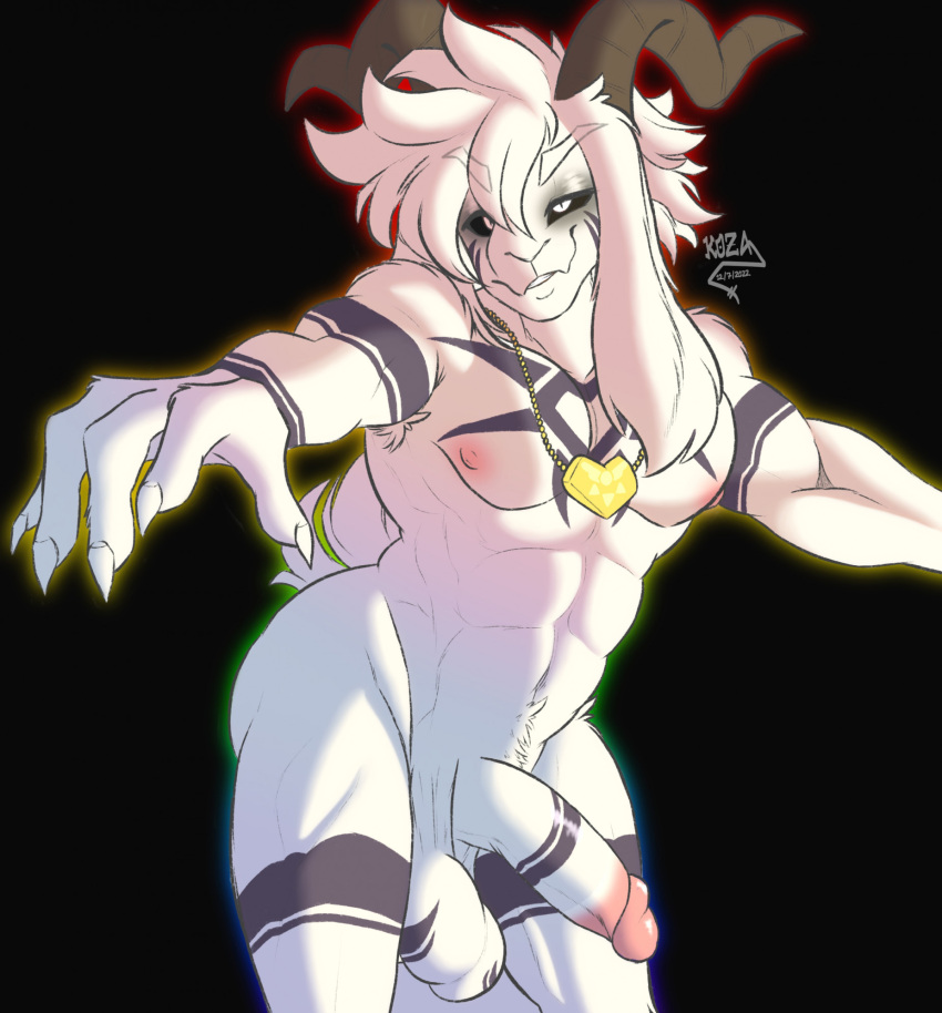 anthro asriel_dreemurr asriel_dreemurr_(god_form) balls bangs big_balls big_penis black_sclera boss_monster bovid caprine eyeshadow fur genitals goat hi_res horn kozacasa long_ears makeup male mammal markings muscular muscular_male penis solo undertale undertale_(series) white_body white_fur