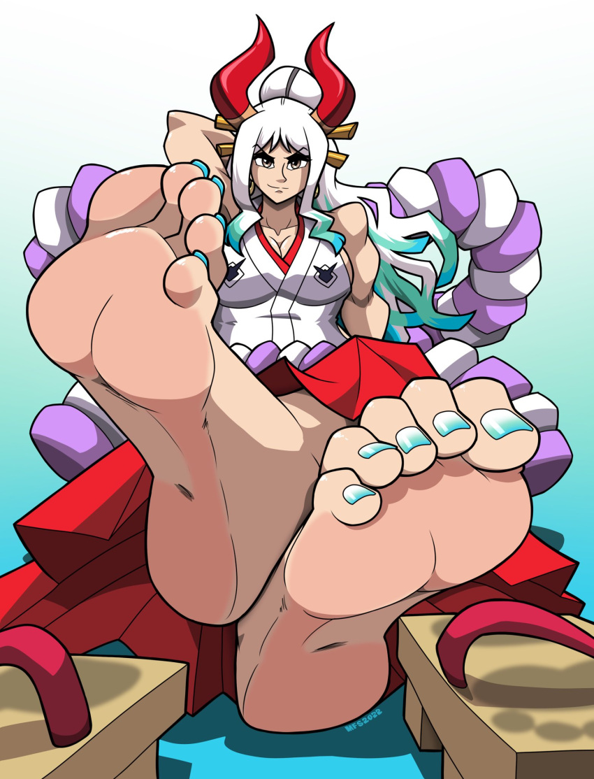 2022 5_toes asian_mythology barefoot breasts clothing colored_nails east_asian_mythology feet female foot_focus hair hi_res horn horned_humanoid humanoid humanoid_feet japanese_mythology light_body light_skin long_hair looking_at_viewer mostlyfunstuff mythology nails not_furry one_piece plantigrade signature simple_background smile smirk soles solo toes yamato_(one_piece) yokai